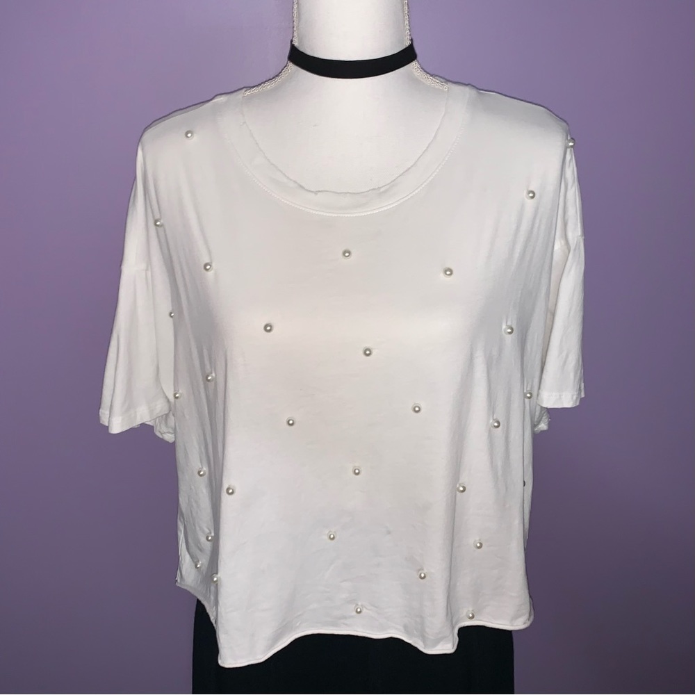 Forever 21 White Pearl Embellished Oversized Crop Top
